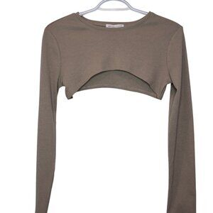 Grey Lab brown ribbed knit round neck long sleeve cropped top size US S